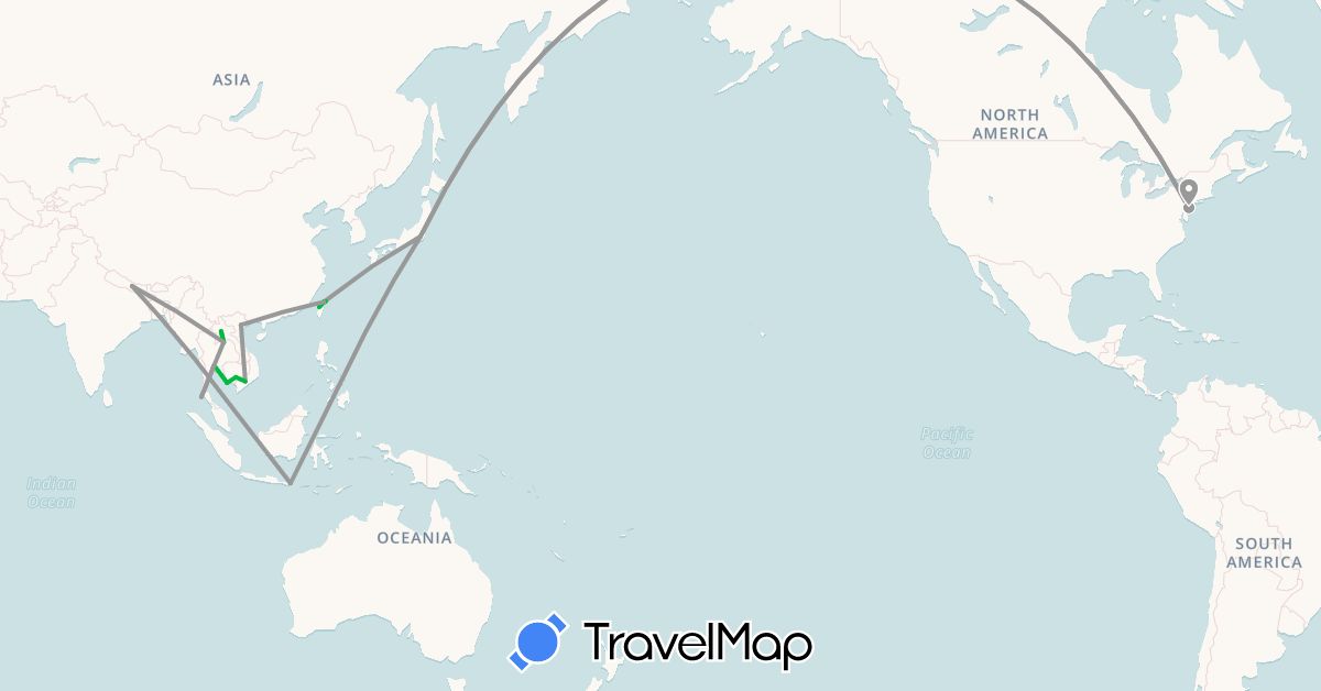 TravelMap itinerary: bus, plane in Indonesia, Japan, Cambodia, Laos, Nepal, Thailand, Taiwan, United States, Vietnam (Asia, North America)
